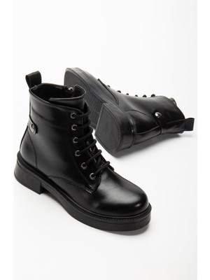 Zerenyus ZRİN-2003 Premium Siyah Kırışık Rugan Bağcıklı Fermuarlı Günlük Kadın Bot