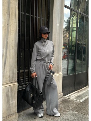 LaSunza Pamuk Kumaş Fermuarlı Bağcıklı Kaliteli Crop Sweat Takım