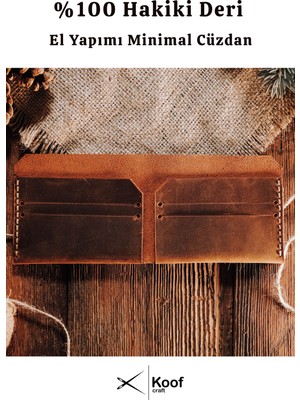 Koof Craft Basic Minimal Hakiki Deri Kahverengi Cüzdan – El Dikimi %100 Gerçek Deri Kartlık