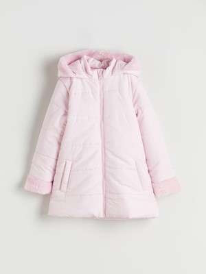 LC Waikiki Kapüşonlu Kız Çocuk Şişme Mont Pelüş Detaylı Uzun Kollu Düz Desen