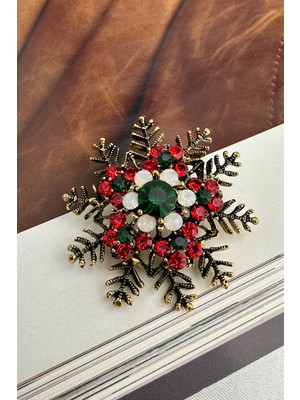 Modex Yılbaşı Özel Taşlı Altın Rengi  Kar Tanesi Broş (4cm)