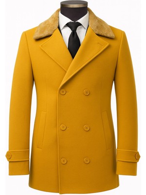 Plus Scorpion Erkek Kürklü Yaka Kaşe Kaban – Slim Fit Çift Düğmeli Kışlık Mont