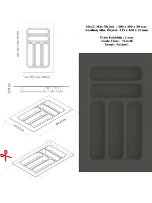 Koçsan Çekmece Içi Kaşıklık, Düzenleyici, Organizatör 30 cm x 49 Cm-Antrasit