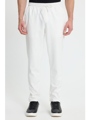 Tudors Erkek Regular Fit Klasik Kesim Bağcıklı Koyu Beyaz Jogger Pantolon Örme Kumaş ve Lastikli Bel
