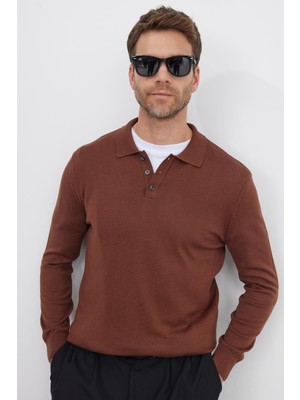 Tudors Erkek Standart Fit Normal Kesim Pamuklu Polo Yaka Kahverengi Kazak