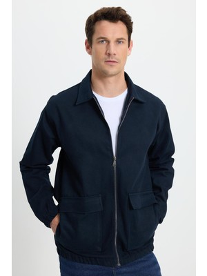 Tudors Erkek Relax Fit Rahat Kesim Çift Cep Kapaklı Fermuarlı Beli Lastikli Düz Lacivert Ceket Mont Gömlek