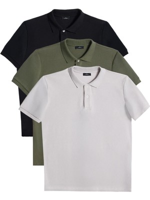 Tudors Erkek 3'lü Paket Siyah-Yeşil-Gri Slim Fit Dar Kesim Pamuklu Düz Pike Polo Yaka Tişört