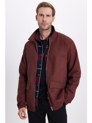 Tudors Erkek Relax Fit Rahat Kesim Çift Cep Kapaklı Fermuarlı Beli Lastikli Düz Bordo Ceket Mont Gömlek