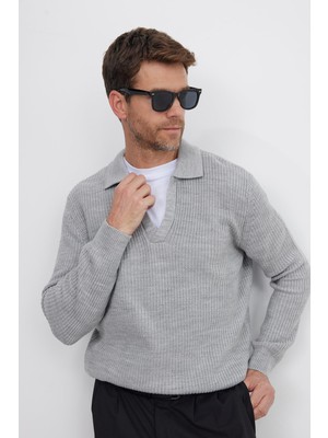 Tudors Erkek Slim Fit Dar Kesim Polo Yaka Gri Kazak