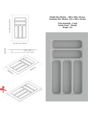 Koçsan Çekmece Içi Kaşıklık, Düzenleyici, Organizatör 30 cm x 49 Cm-Gri