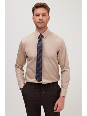 Tudors Slim Fit Bej Non-Iron %100 Pamuk Doğa Dostu Ekoteks Belgeli Ütü Gerektirmez Gömlek