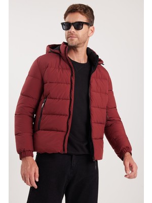 Tudors Erkek Relax Fit Rahat Kesim Çift Cepli Çıkarılabilir Kapüşonlu Sıcak Tutan Bordo Şişme Mont