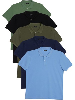 Tudors Erkek 5'li Paket Siyah-Haki-Su Yeşili-Koyu Mavi-Lacivert Slim Fit Dar Kesim Pamuklu Düz Pike Polo Yaka Tişört