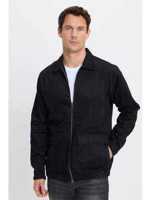 Tudors Erkek Relax Fit Rahat Kesim Çift Cep Kapaklı Fermuarlı Beli Lastikli Düz Siyah Ceket Mont Gömlek