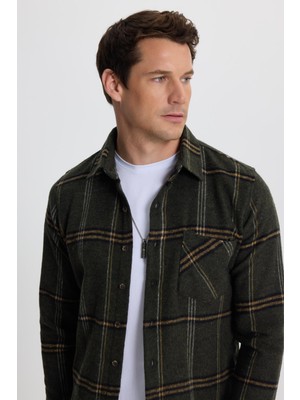 Tudors Erkek Slim Fit Dar Kesim Kareli Cepli Haki Oduncu Gömlek