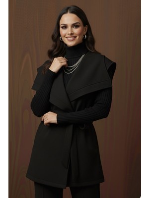 Puane Kadın Siyah Renk  Dikiş Detaylı Kuşaklı Scuba Üst Kalite Yelek Takım
