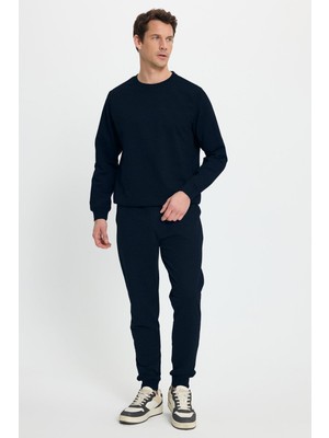 Tudors Erkek Relax Fit Pamuklu 2 Iplik Yumuşak Dokulu Bisiklet Yaka Lacivert Eşofman Takımı