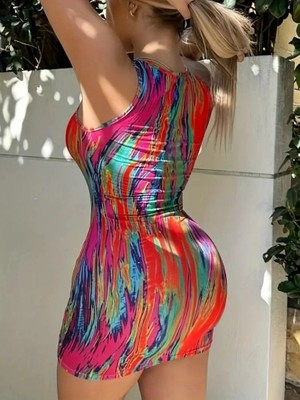 Çamaşır Kenti Kadın Kalın Askılı Çok Renkli Dalgıç Mini Elbise