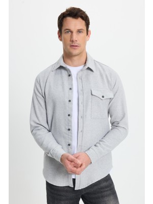 Tudors Erkek Slim Fit Tek Cep Kapaklı Düz Oduncu Spor Gri Gömlek