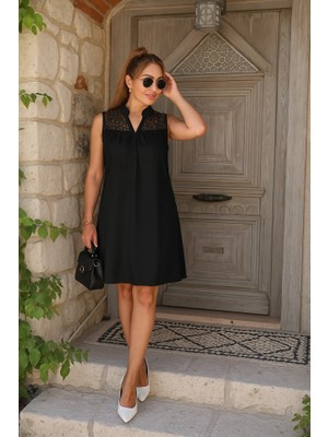 Çamaşır Kenti Kadın Kolsuz V Hakim Yaka Dantelli Janjan Krep Elbise