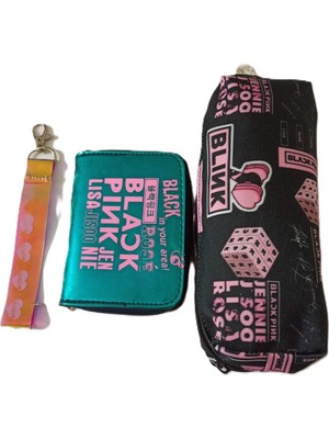 Alanç Gift Özel Hediye Seti Black Pink Baskılı Cüzdan, Kalemlik, Anahtarlık