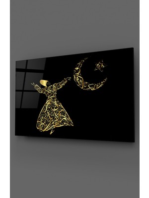 Mevlana Ayyıldız Siyah Gold Cam Tablo