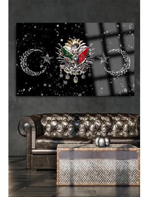 Gümüş Detay Osmanlı Tuğrası 4mm Kırılmaz Yüksek Çözünürlüklü Cam Tablo Ev, Işyeri, Ofis Hediyesi