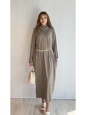 The Fancy Kadın Yarım Balıkçı Yaka Uzun Kol Oversize Midi Boy Elbise