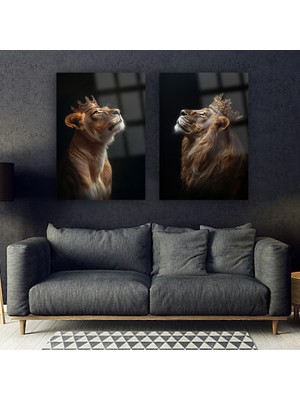 2 Parça Aslan Ailesi Kral Aslan ve Kraliçe Aslan Kırılmaz Cam Tablo Ev Hediyesi Iş Yeri Hediyesi