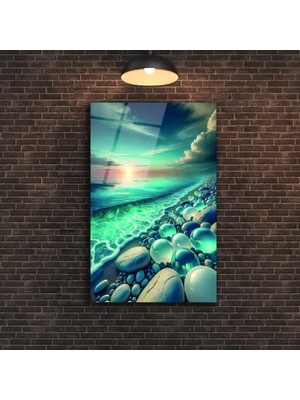 Marsilyan Mavi Çakıl Taşları Cam Tablo