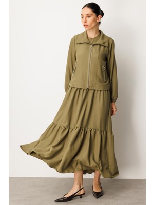 Micca Ceket ve İç Jile Kombin İpekçe Elbise Ferace-Haki