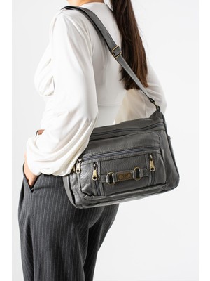 Çanta Trend Yıkama Deri Çapraz Askılı Omuz Çantası Poliüretan Deri Gri MODEL:(571-14-16F)