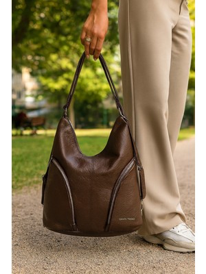 Çanta Trend Yumuşak Suni Deri Kahverengi El Omuz ve Sırt Kullanımına Uygun Kadın Çanta 34*39 cm