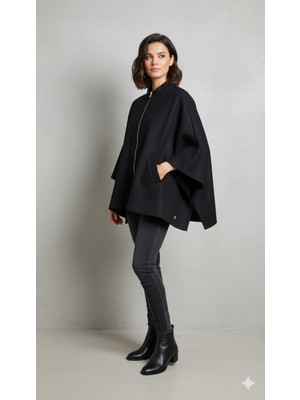 Micca Hafif Astarsız Yün Görünüm Sağlayan Polyviskon Kumaş Pancho Tarz Kaban-Laci