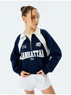 Koton Şardonlu Yarım Fermuarlı Baskı Detaylı Uzun Kollu Polo Yaka Crop Sweatshirt