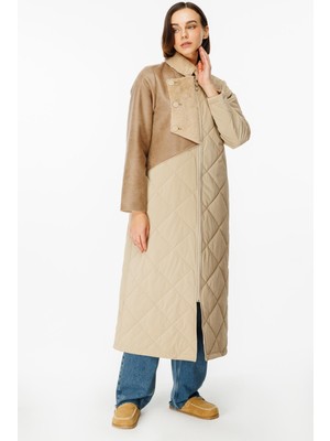 Micca Versa Dolgulu Özel Kumaş ve Üst Bedeni Yumuşak Suni Kürklü Deri Spor Manto Kaban-Taş