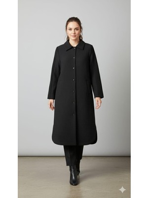 Micca Jakar Kapitone ve Krep Garni Detaylı Mevsimlik içi Astarlı Trench Ferace Kap-Siyah