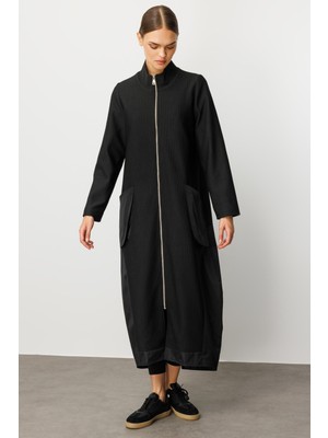 Micca Otto ve Poly Cupra Kumaş Mix Köprülü Cep Detaylı Aatarlı Mevsimlik Trench/Kap-Siyah