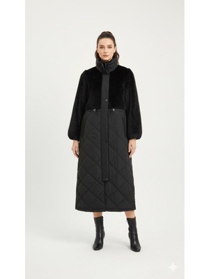 Micca Soft Peluş Üst Beden Dolgulu Alt Beden Spor Kaban-Siyah