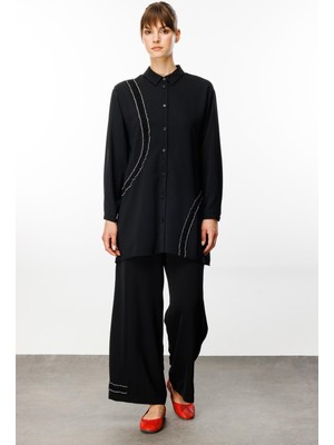 Micca S Şifon Garni Tunik / Pantalon İpekçe Doku Takım-Siyah