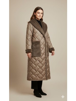 Micca Puff Yaka ve Cep Suni Kürk Detaylı Özel İşleme Soft Dolgu Astarlı Manto Kaban-Vizon