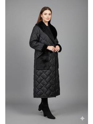 Micca Puff Yaka ve Cep Suni Kürk Detaylı Özel İşleme Soft Dolgu Astarlı Manto Kaban-Siyah