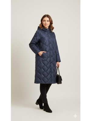 Micca Cep ve Kapşon Kenarı Yün İçerikli Triko ve Beden Soft Hasır Dokuma Kapitone Kaban Manto-Laci