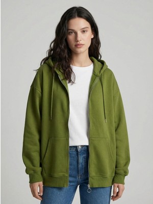 Busem Kadın Kapüşonlu Üç Iplik Owersize Fermuarlı Sweatshirt Yağ Yeşili