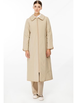 Micca Ruby Kumaş ve Biye Detaylı İçi Elyaf Dolgulu Zamansız Özel Kaban Manto-Taş