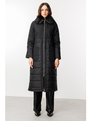 Micca Peluş Yakalı Dolgu Iç Beden Spor Kaban Manto-Siyah