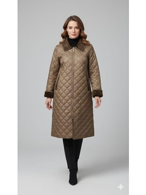 Micca Soft Peluş İç Katman ve Özel Nakış Desenli İnce Hafif Zamansız Özel Üretim Kaban Manto-Vizon