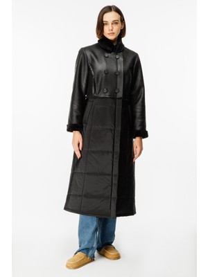 Micca Ruul Soft Suni Kürklü Deri ile Kapitone Dolgulu Alt Beden Kışlık Özel Manto Kaban-Siyah