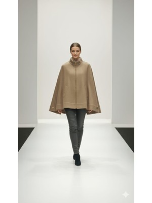 Micca Hafif Astarsız Yün Görünüm Sağlayan Polyviskon Kumaş Pancho Tarz Kaban-LATTE