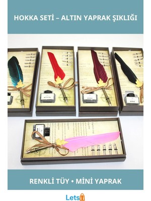 Letsii Renkli Tüy Divit Altın Renkli Mini Yaprak Işlemeli Yazı Seti